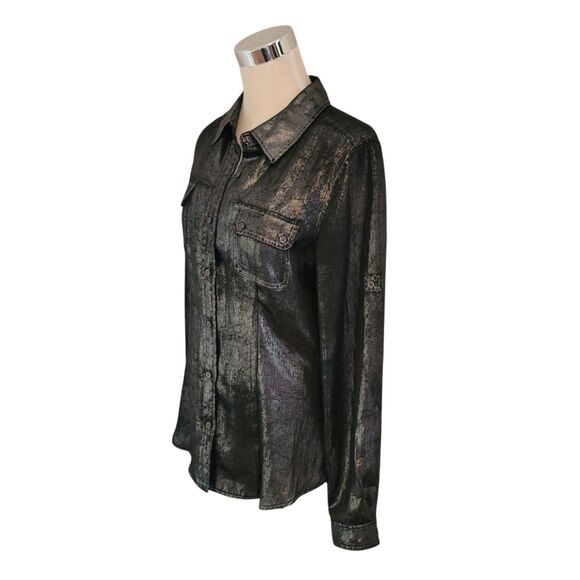 Calvin Klein Black Shimmer Texture Button Up Long Sleeve Top Size M - Picture 3 of 7